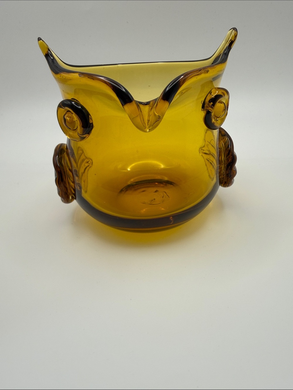 Vintage MCM Blenko Style Amber Glass Owl Vase Tea Light Votive Candle Holder